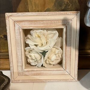 FARMHOUSE PICTURE Floral White Roses - Has a stand and bracket WOOD White